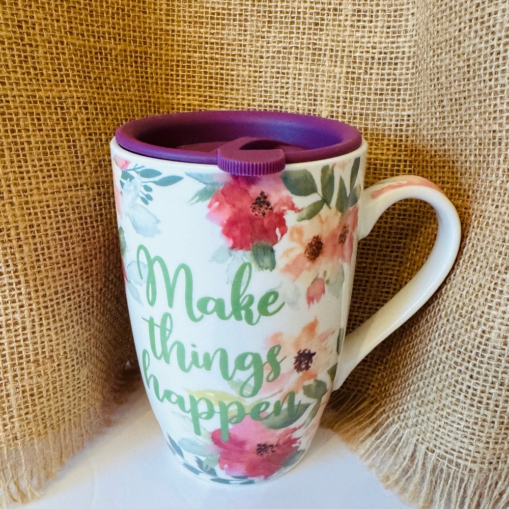 New "Make Things Happen" Floral Latte Mug with Purple Lid